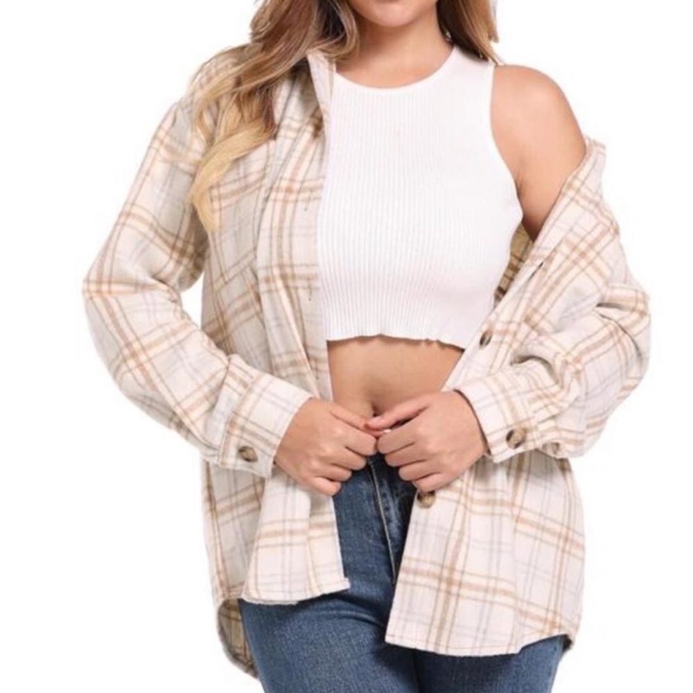Girlfriend Cream Plaid Button-Up Shacket with side pockets